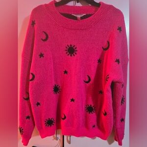 No Boundaries Vibrant Pink Sweater with Black Celestial Design